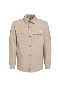 Camicia a maniche lunghe color beige chiaro realizzata in tessuto testurizzato, con due tasche sul petto con chiusura a patta e bottoni marroni sul davanti.