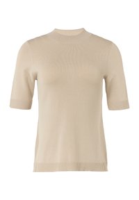 Beige kortärmad stickad tröja med rund halsringning, ribbade ärmslut och en jämn textur. Har en figursydd silhuett och minimal dekoration.