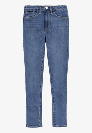 Blaue Slim-Fit-Denim-Jeans mit Frontknopf und Taschen, ausgestattet mit dezenten Farbverläufen und abgesteppten Nähten.