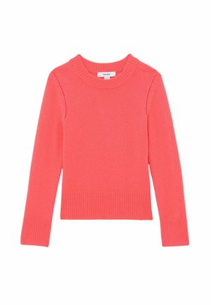 Koralfarvet langærmet trøje lavet af blødt strikket stof med ribkant ved halsudskæringen og ærmekanter, med sømløse skulderdetaljer for et rent design.