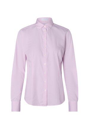 Lange mouw, lichtroze button-up shirt met een kraag, verticale strepen en witte knopen aan de voorkant en bij de manchetten.