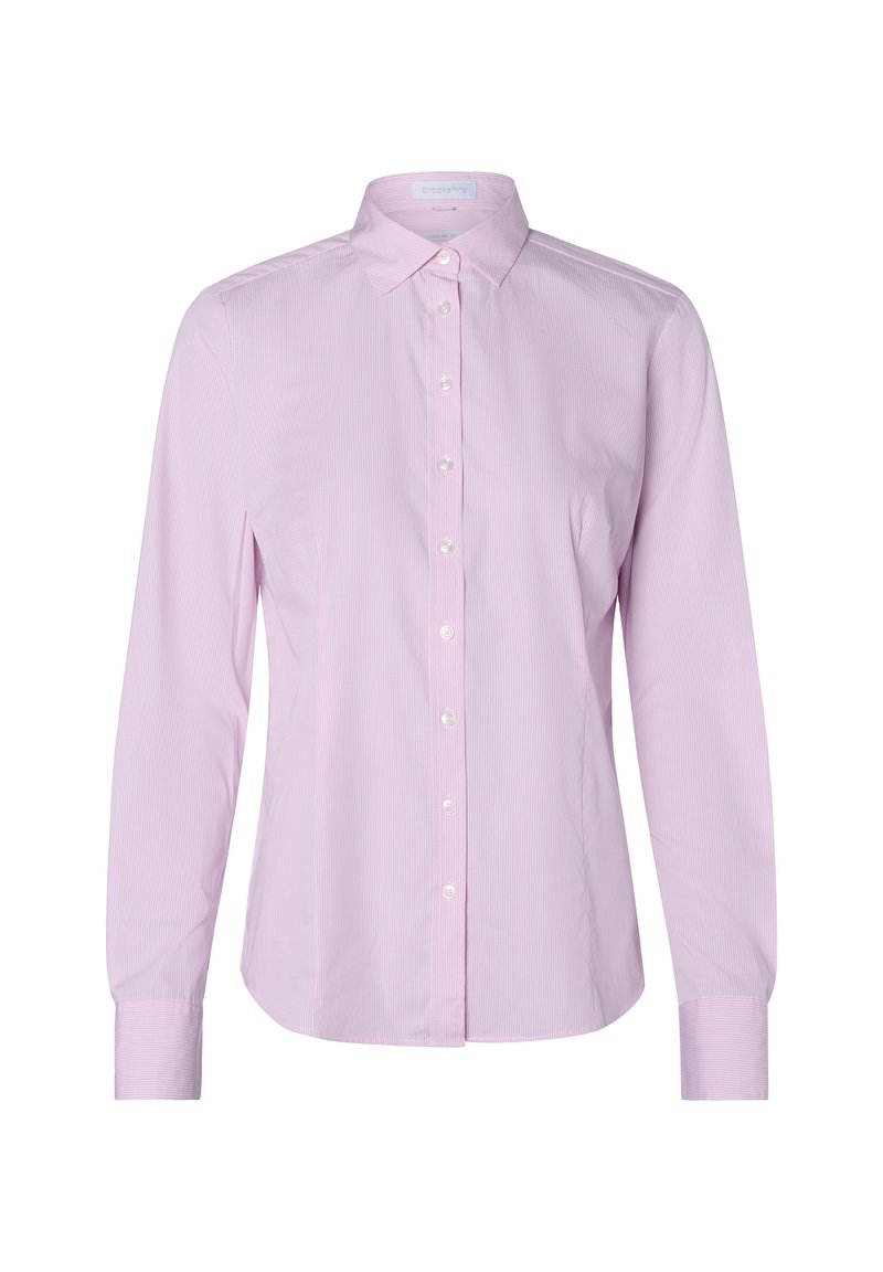 Long-sleeve, light pink button-up shirt with a collared neck, vertical stripes, and white buttons along the front and cuffs.