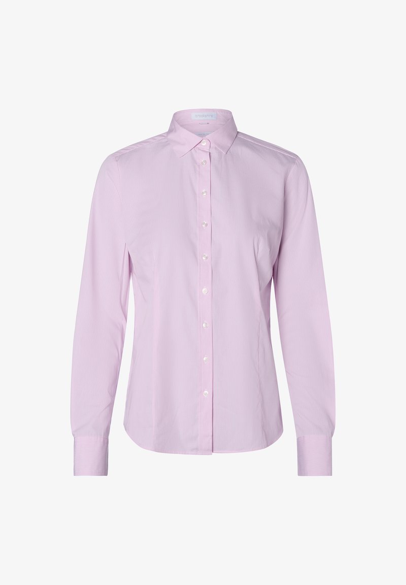Długa, różowa koszula z guzikami, z kołnierzykiem, w pionowe paski oraz białymi guzikami z przodu i przy mankietach.