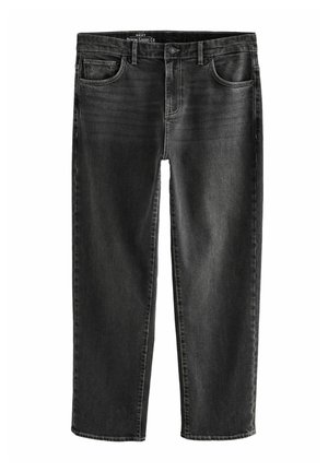 Zwarte denim jeans met een rechte pijp, voorzien van vijf zakken, een knoopsluiting en subtiele vervaging in de stof.