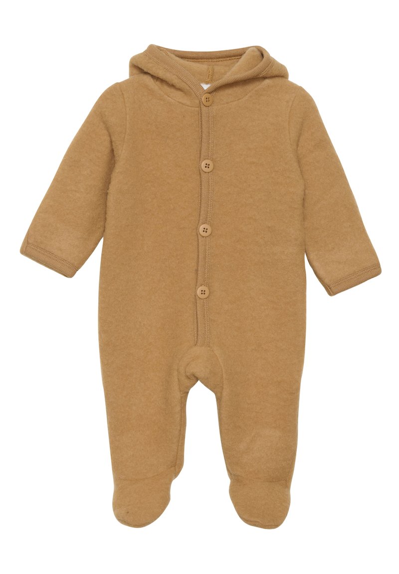 Combinaison en polar beige avec capuche, dotée d'une fermeture à boutons sur le devant, de manches longues et de pieds fermés. Texture douce et éléments de design simples.