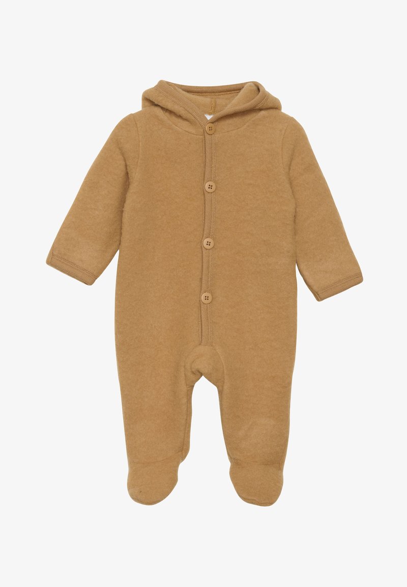 Tan fleece onesie met een capuchon, voorzien van een voor sluiting met knopen, lange mouwen en voetjes. Zachte textuur en eenvoudige ontwerpelementen.