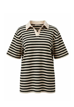 Polo à manches courtes rayé avec des rayures noires et beiges, un col et un design en V avec une texture côtelée.