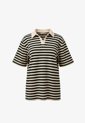 Polo à manches courtes rayé avec des rayures noires et beiges, un col et un design en V avec une texture côtelée.