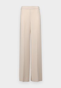 Pantaloni beige a gamba larga in un tessuto liscio, con vita alta e sottili pince frontali. Senza tasche o dettagli hardware visibili.