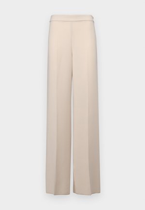 Beige wide-leg pants in a smooth fabric, featuring a high waist and subtle front pleats. No pockets or visible hardware details.