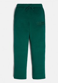 Zielone bawełniane spodnie dresowe z elastycznym paskiem w talii i sznurkiem oraz haftowanym logo "GUESS ORIGINALS" na lewej nogawce.