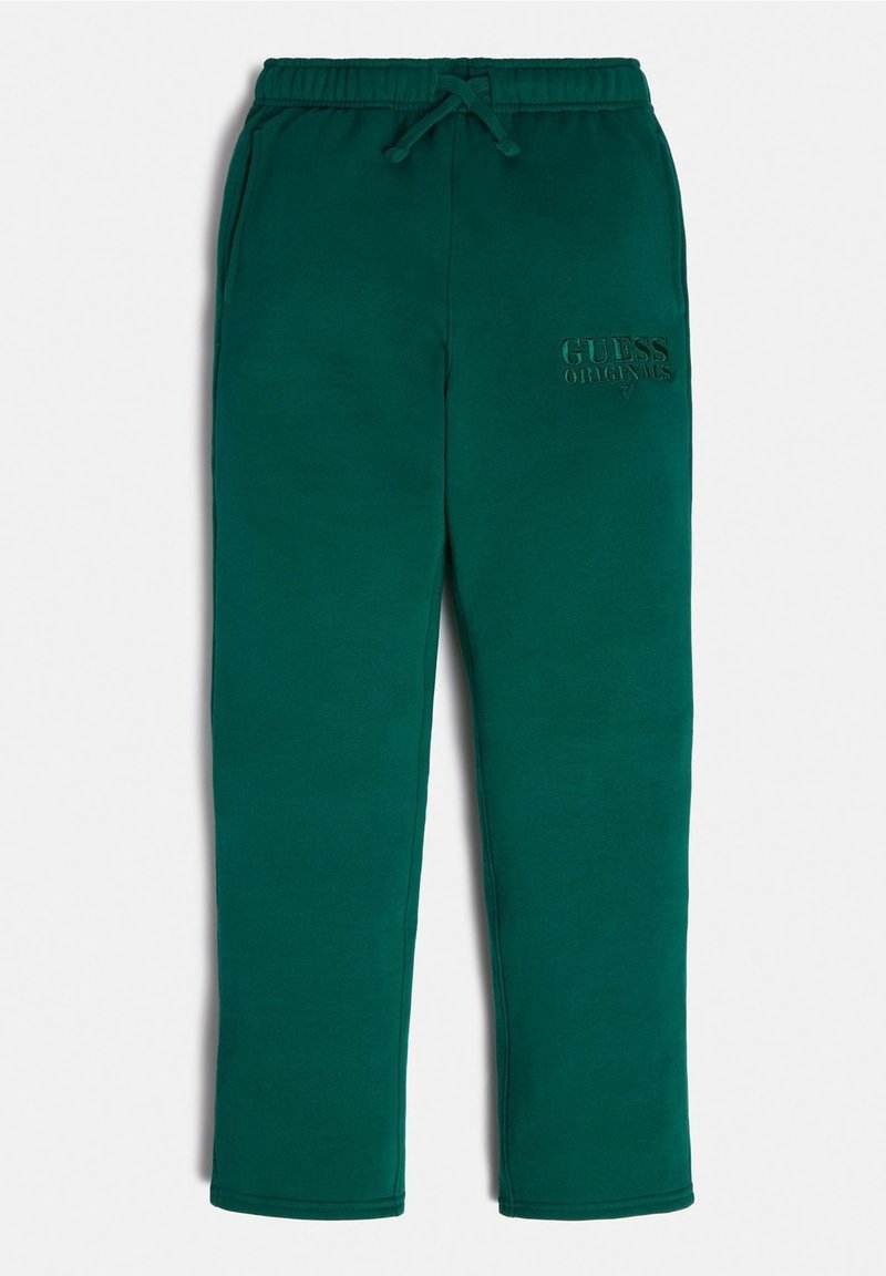 Zielone bawełniane spodnie dresowe z elastycznym paskiem w talii i sznurkiem oraz haftowanym logo "GUESS ORIGINALS" na lewej nogawce.