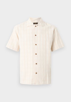 Short-sleeve beige button-up shirt with subtle vertical stripes and a pointed collar, displayed on a plain light background.