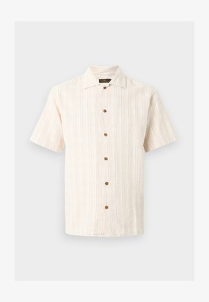 Short-sleeve beige button-up shirt with subtle vertical stripes and a pointed collar, displayed on a plain light background.