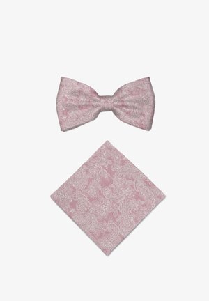 Sada ružových kravátových motýlikov a vreckoviek s paisley vzorom na bielom pozadí.