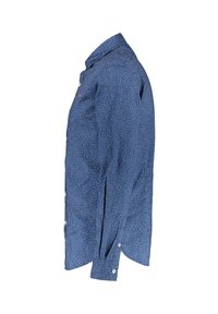 Camicia azzurra a maniche lunghe con colletto a punta, caratterizzata da un sottile motivo geometrico bianco, chiusure con bottoni e fessure laterali per una migliore vestibilità.