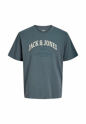 T-shirt manches courtes bleu sarcelle foncé avec "JACK & JONES" et un texte plus petit imprimés sur la poitrine en crème et dans des tons bleu sarcelle plus foncés.