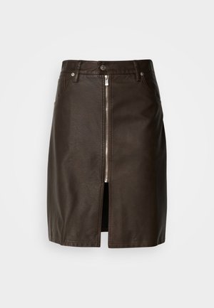 Brown leather skirt with zip front closure, featuring a front slit. Smooth texture with visible stitching and metal accents.