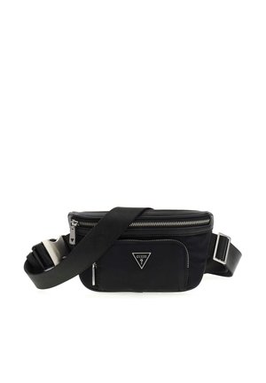 Marsupio nero del marchio Guess con tracolla regolabile, due scomparti con zip e logo triangolare sulla tasca frontale.