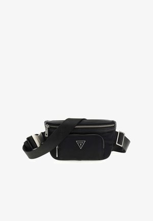 Sac banane noir de la marque Guess avec sangle réglable, deux compartiments zippés, et un logo triangulaire sur la poche avant.