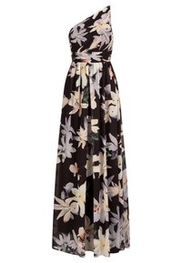 Robe longue noire à une épaule avec un corsage plissé et un grand imprimé floral blanc et pastel.