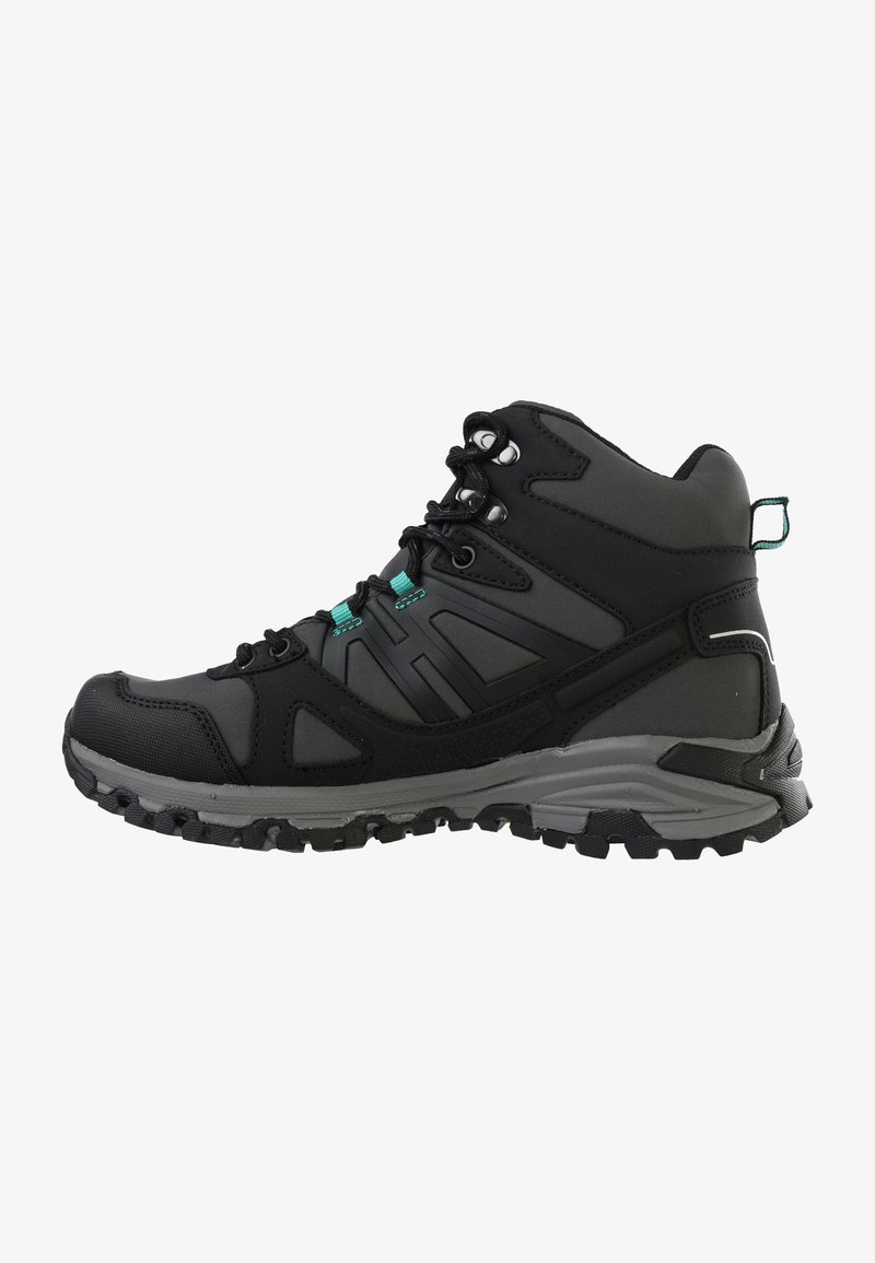 Schwarze Wanderschuhe mit einem synthetischen Obermaterial, einer grauen Gummisohle, verstärkter Zehenpartie und türkisfarbenen Akzenten an den Schnürsenkeln und der Seitenfläche.