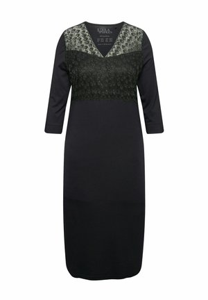 Zwarte jurk met een V-hals en driekwart mouwen. Het bovenstuk heeft fijne zwarte kantdetails. Gladde stofstructuur.