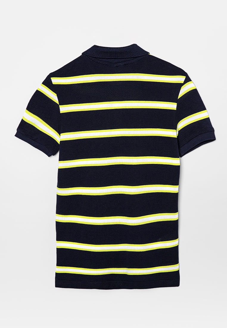 Marineblaues Poloshirt mit gelben und weißen horizontalen Streifen, kurzen Ärmeln, geripptem Kragen, strukturiertem Gewebe und klassischer Passform.