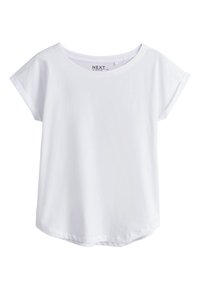 Plain white short-sleeve T-shirt with wide round neckline and slight curved hem, displayed flat on a white background.