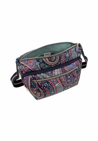 Borsa a spalla multicolore con motivo paisley. Caratterizzata da un scomparto principale con zip, numerose tasche e una tracolla scura. Tessuto dalla texture liscia.