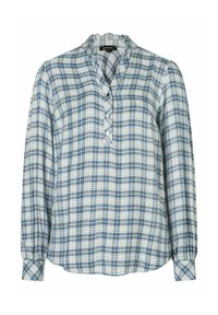 Langärmlige, knie lange Bluse mit einer hellblauen und weißen karierter Muster, die eine plissierte Halslinie und aufgekrempelte Ärmel hat. Hergestellt aus leichtem Stoff.