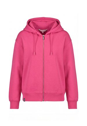 Helles pinkfarbenes Kapuzen-Sweatshirt mit Reißverschluss, Kordelzug, gerippten Bündchen und Saum, frontseitig auf weißem Hintergrund dargestellt.