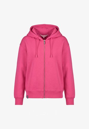 Sweat à capuche zippé rose vif avec cordons de serrage, poignets et ourlet côtelés, présenté de face sur un fond blanc.