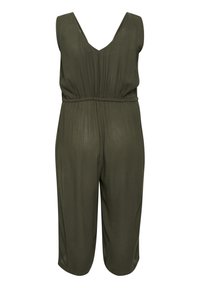Olive green sleeveless jumpsuit with a V-neck, elastic waist, and wide leg design. Made of lightweight material with subtle texture.