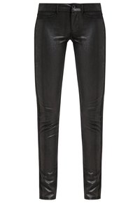 Zwarte, glanzende skinny jeans met een gladde textuur, vijf-pocketontwerp en een knoopsluiting. Getailleerde vorm met een slanke uitstraling.