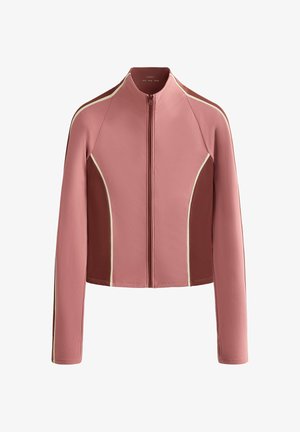 Let jakke med lynlås og lange ærmer. Har lyserøde og bordeaux paneler med cremefarvede detaljer. Glat tekstur og tætsiddende design.
