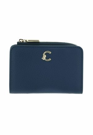 Portefeuille en cuir bleu marine avec fermeture éclair dorée et petit logo entrelacé "C" en or sur le devant, rectangulaire avec des coins arrondis.