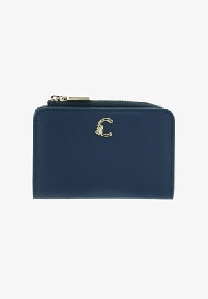 Portefeuille en cuir bleu marine avec fermeture éclair dorée et petit logo entrelacé "C" en or sur le devant, rectangulaire avec des coins arrondis.