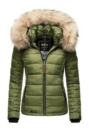 Veste d'hiver matelassée vert olive avec large capuche beige bordée de fourrure, fermeture éclair frontale et poches latérales zippées, coupe ajustée.
