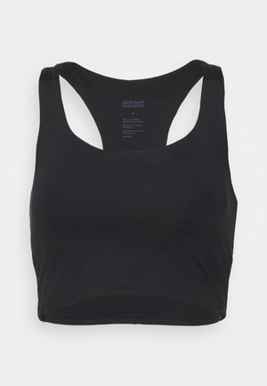 Mustan urheilullinen crop-top, jossa on pyöreä kaula-aukko ja racerback-muotoilu. Valmistettu joustavasta kankaasta, jossa on pehmeä rakenne. Varustettu tukevalla alareunalla.