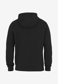 Sudadera con capucha negra vista desde la parte posterior, con mangas largas y puños y dobladillo acanalados.