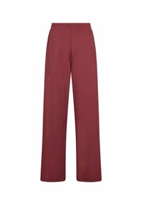 Pantaloni largi bordo cu talie elastică, confecționați dintr-un material moale, având o textură netedă și fără modele sau accente vizibile.