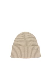 Beanie lavorato a maglia color beige chiaro con texture a costine, dotato di risvolto e di un piccolo cartellino con logo sul lato. Vestibilità morbida e aderente.