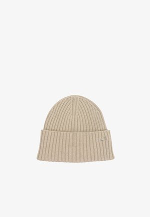 Lichtbeige gebreide beanie met geribbelde textuur, voorzien van een opgevouwen manchette en een klein logo-label aan de zijkant. Zacht en snug fit.