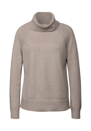 Ljust beige tröja med en hög, strukturerad krage och knapprad. Har ribbade muddar och nederkant samt en avslappnad passform.