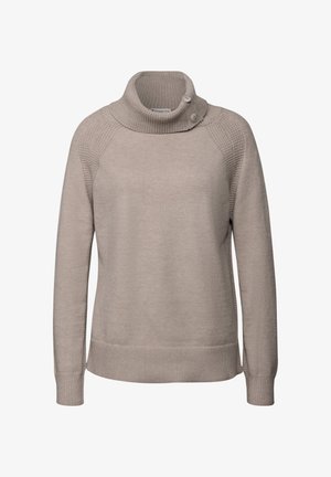 Lichtbeige trui met een hoge, gestructureerde kraag en knoopdetail. Beschikt over geribde manchetten en zoom, en heeft een ontspannen pasvorm.