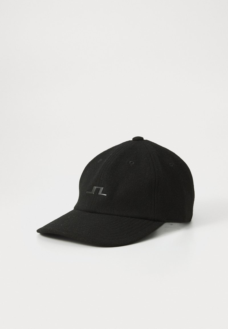 Black baseball cap made of fabric with a smooth texture, featuring a black logo on the front and a curved visor.