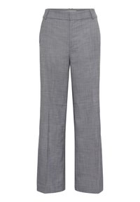 Grå skræddersyede damebukser med et diskret ternet mønster, lige ben, bæltestropper og forlommer, vist på en ensfarvet hvid baggrund.