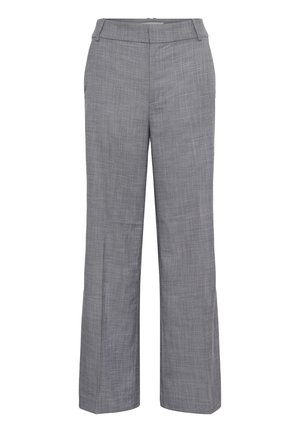 Šedé na mieru šité nohavice s jemným károvaným vzorom, rovný strih, pútka na opasok a predné vrecká, zobrazené na čistom bielom pozadí.