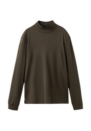 Top a maniche lunghe con collo alto di colore verde scuro, realizzato in tessuto liscio. Presenta un colletto alto, spalle scese e spacchi laterali all'orlo.